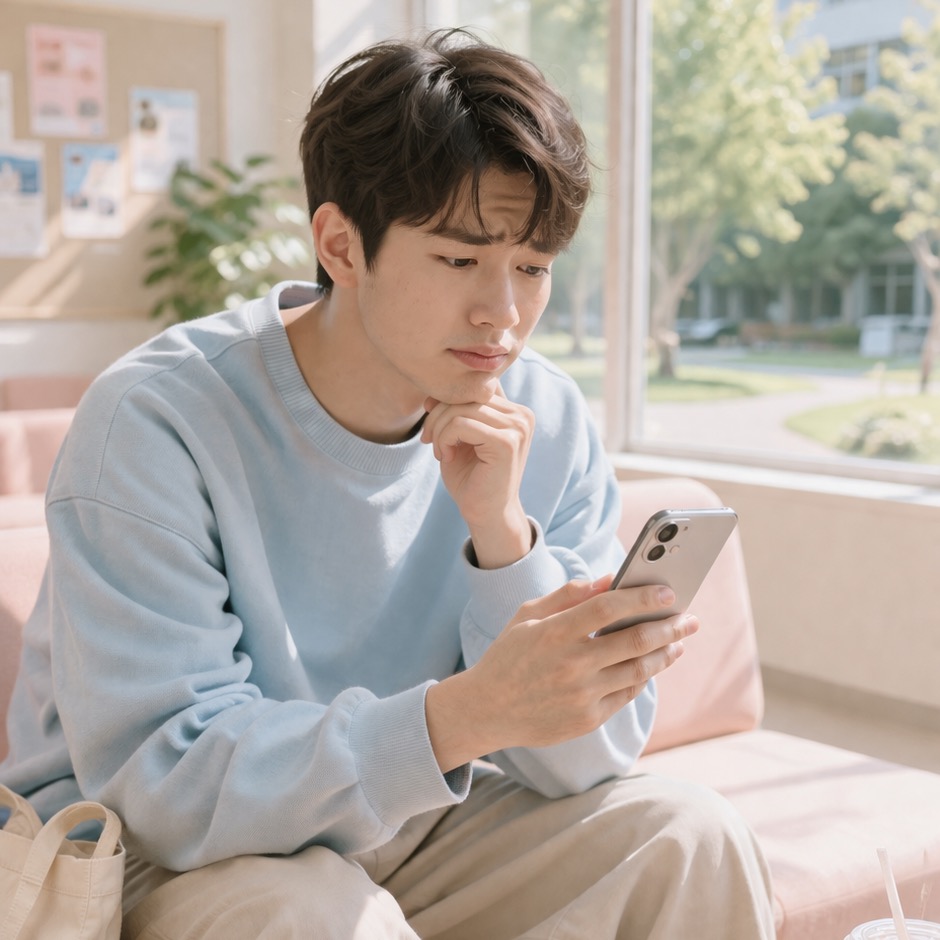 Man thinking carefully about a message reply