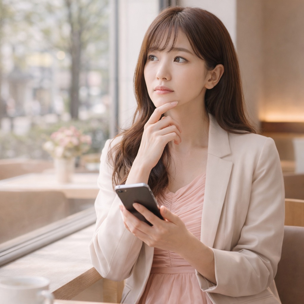 スマートフォンを見ながら返信を考える女性