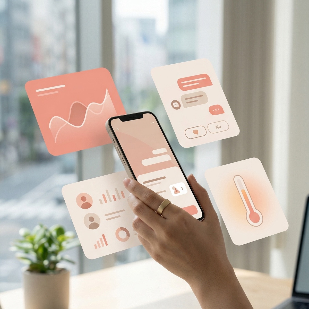 アプリ機能を確認しながら返信を検討する男性