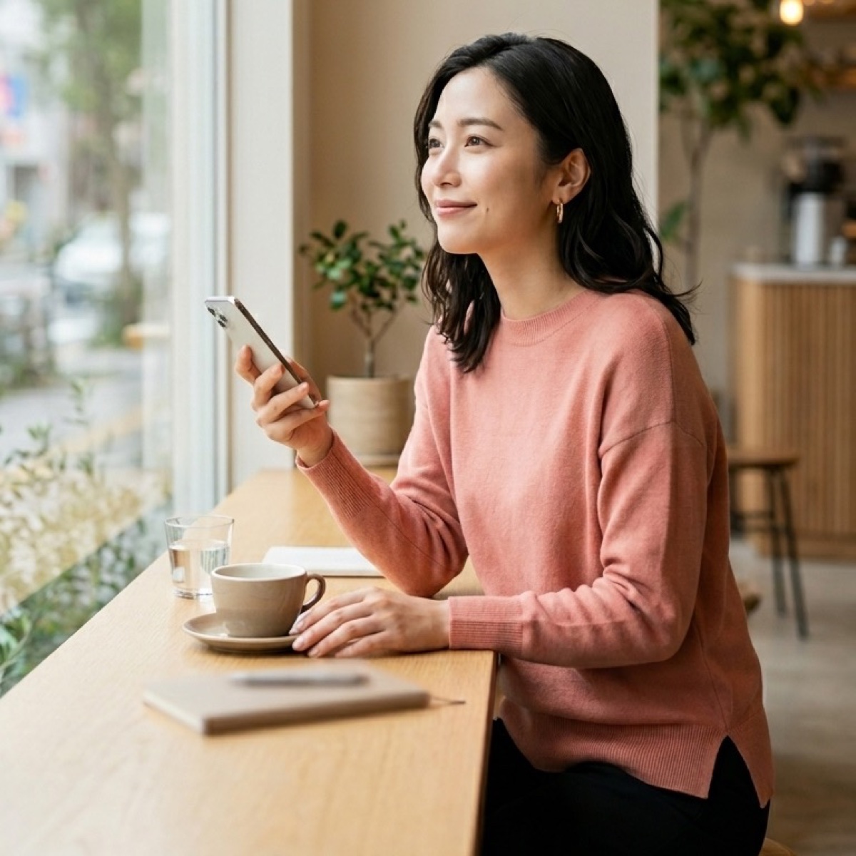 カフェで落ち着いてメッセージを確認する女性