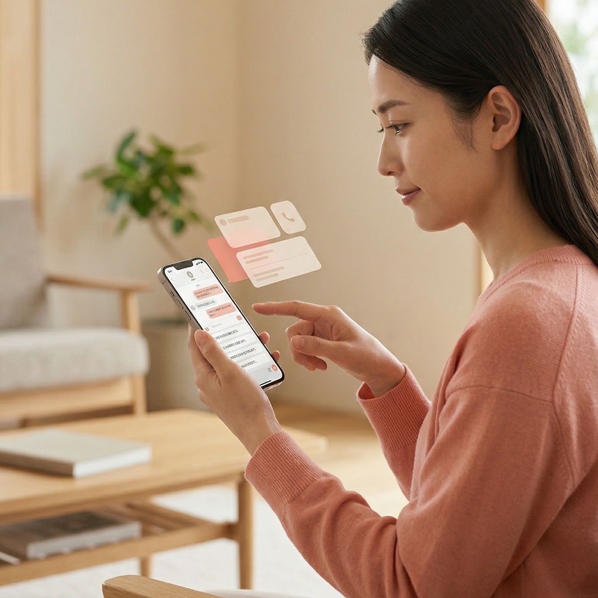 自宅で返信内容を見直しながらスマートフォンを操作する女性